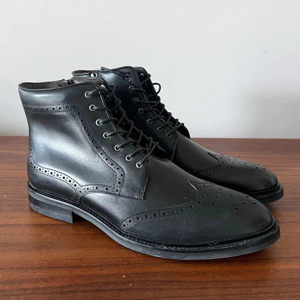 Flag Ltd Wingtip Ankle Boots Black Leather Lace Up Mens 11.5 M‎